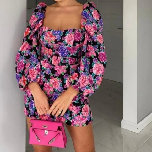 Zara Puffy Sleeve Belted Floral Mini Dress Bloggers  Fav Sz XS - Picture 3 of 12